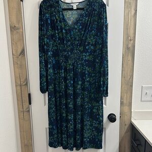 London Times Blue and Green Floral Long Sleeve Dress